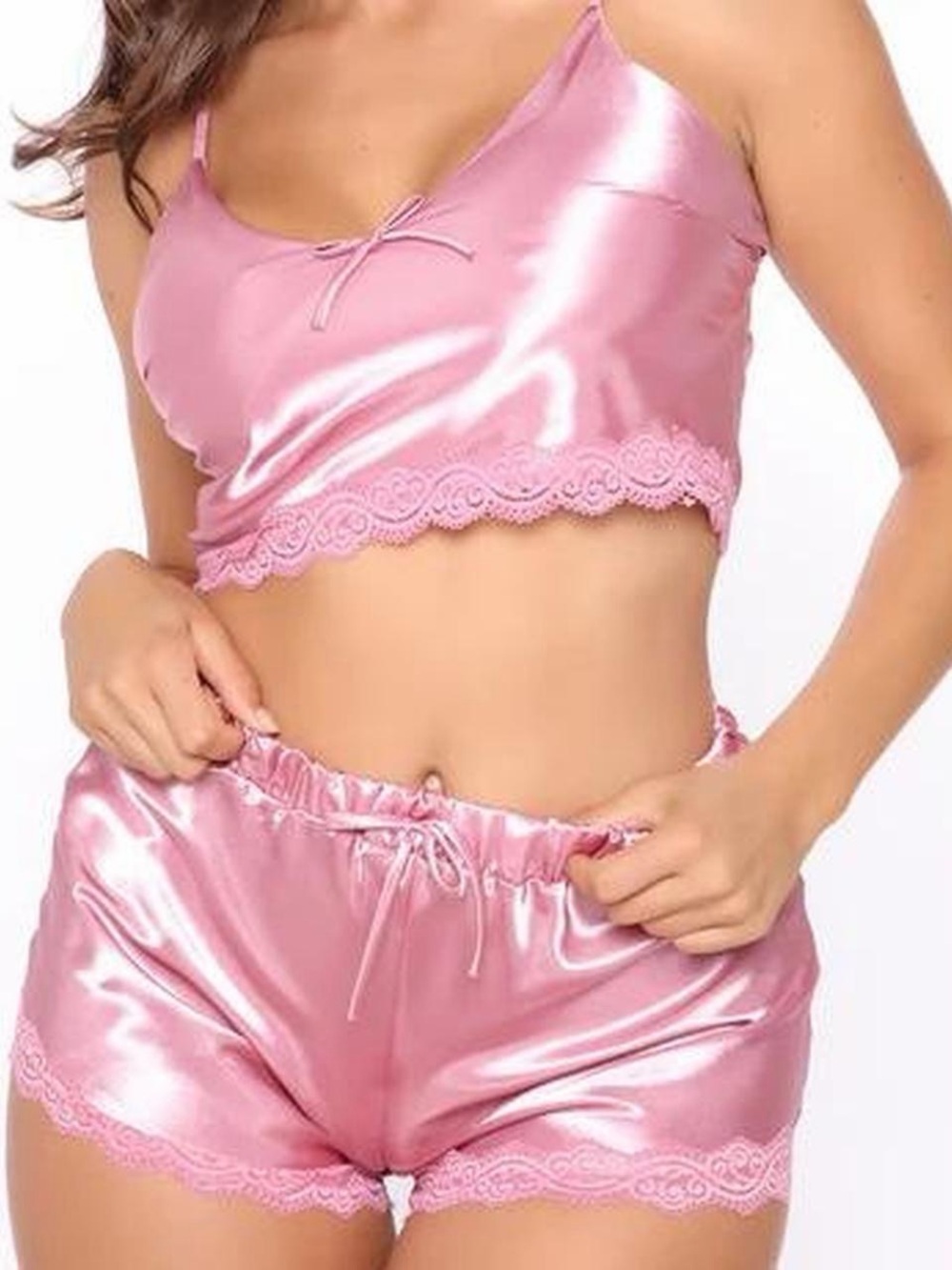 Fashion Nova Pink Satin Lace Trim Cami & Shorts Set